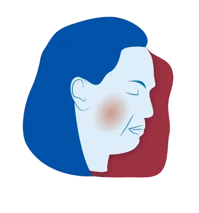 cartoon of a mother's face looking embarrassed and upset in blue against a red background