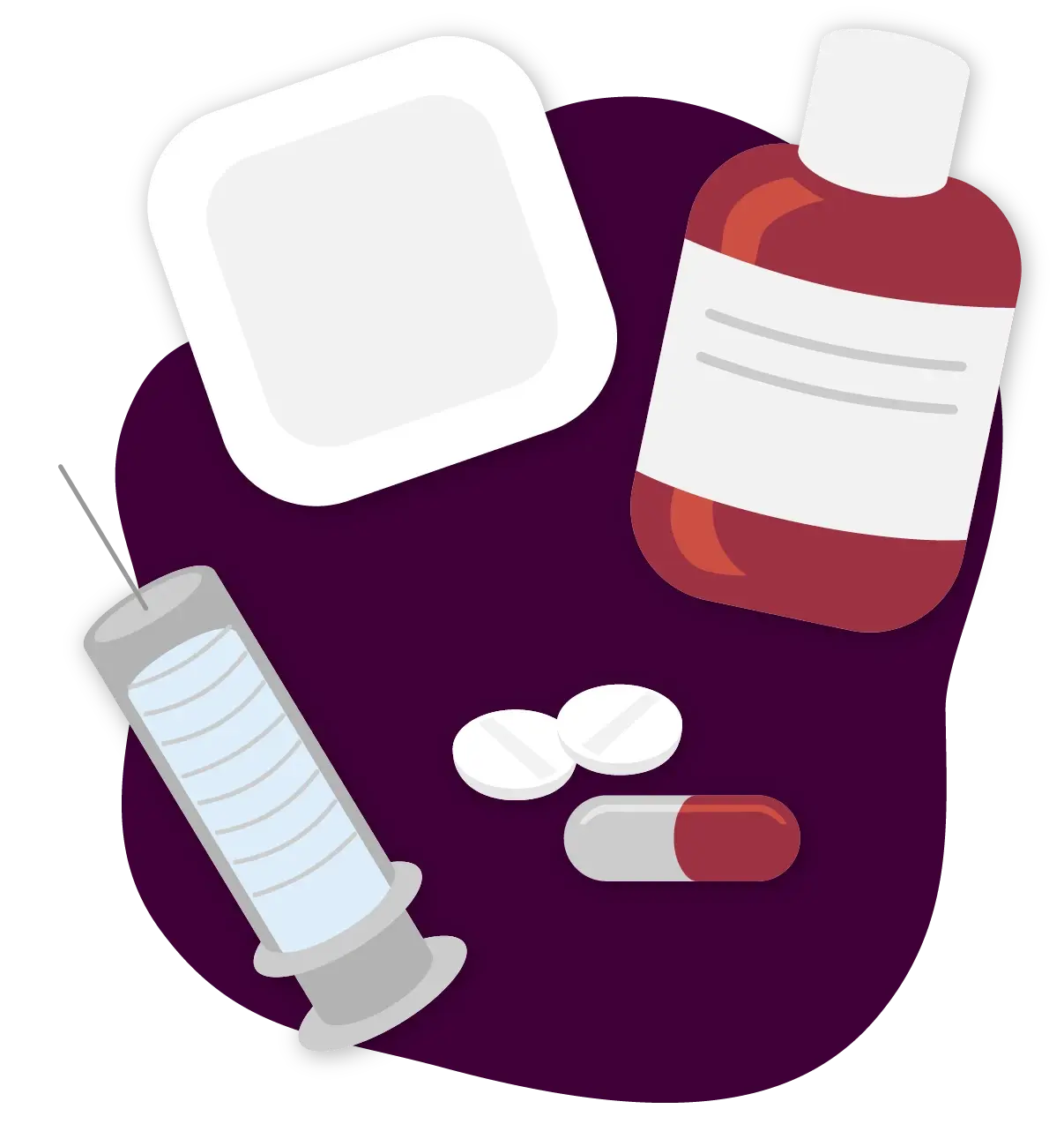 cartoon syringe, patch, medicine bottle and tables on a purple background