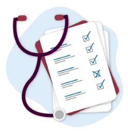 cartoon stethoscope and doctors notes on a pale blue background