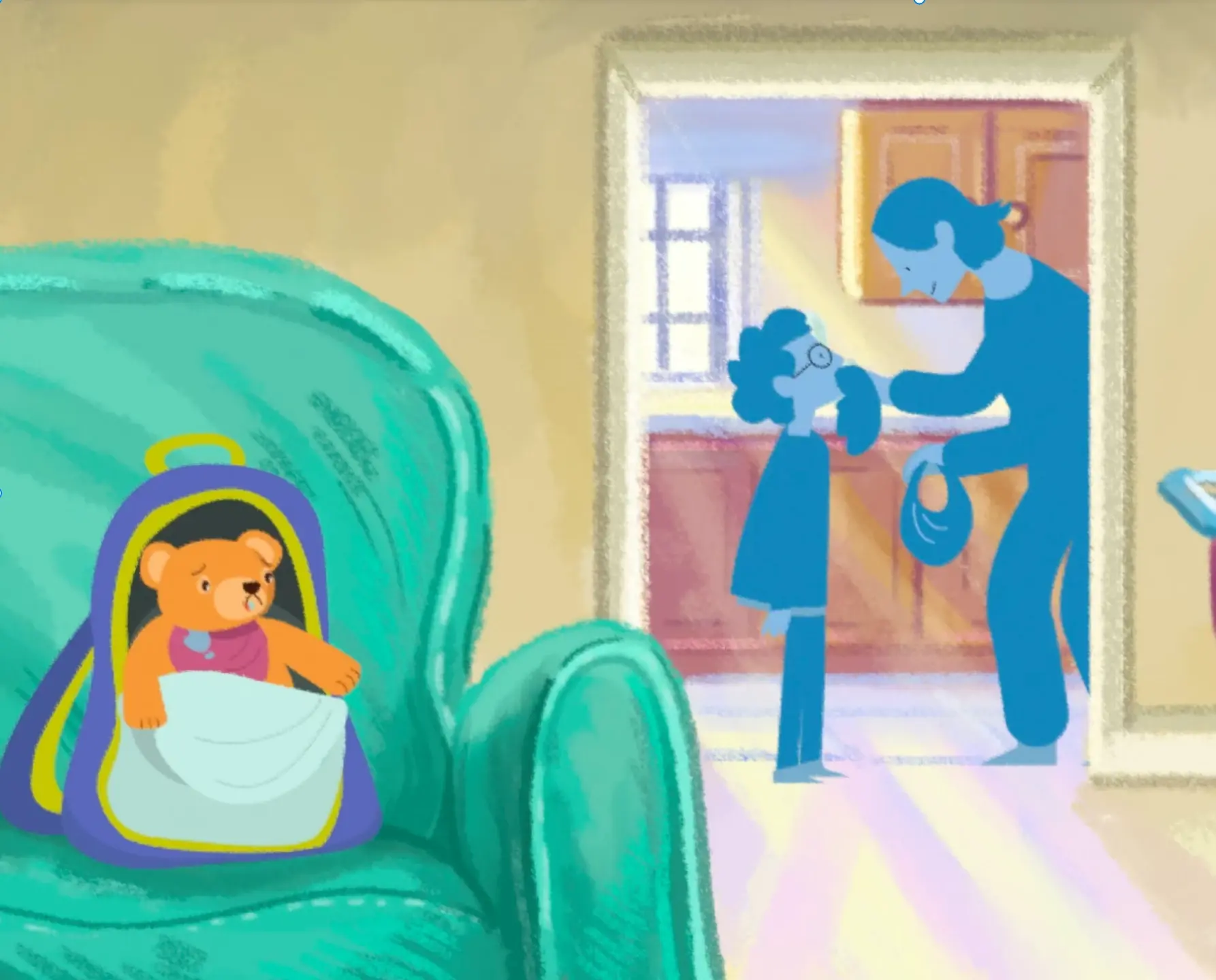 cartoon drooling teddy bear in backpack on chair in foreground with mother wiping child's drool in background